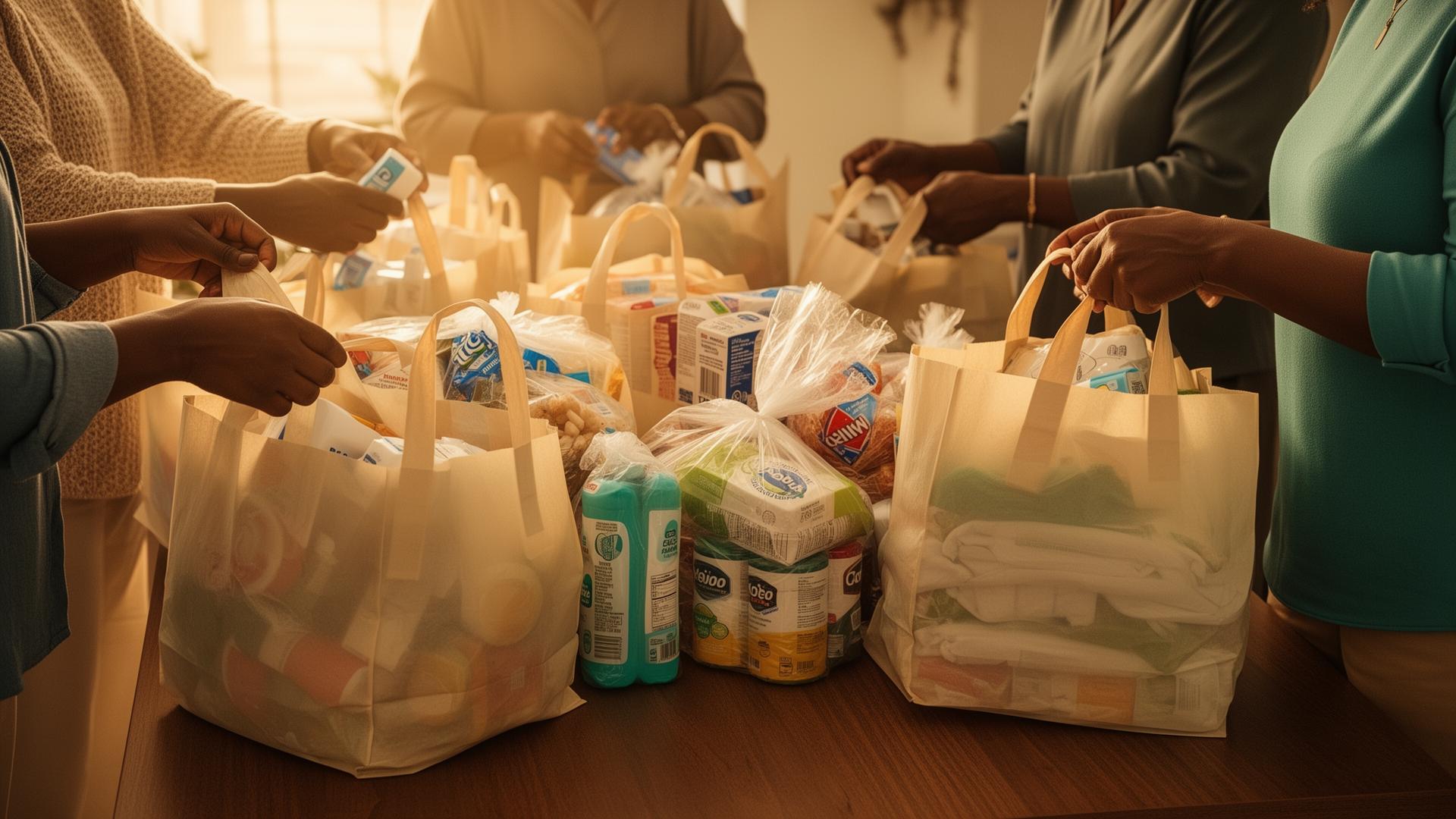 Hands preparing care bags for community outreach